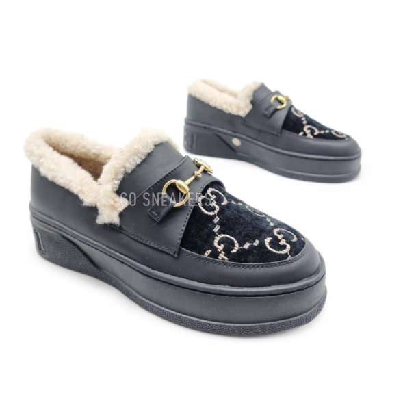 Женские зимние мокасины Gucci Moccasins Winter Leather/Suede Black