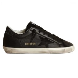Golden Goose Super-Star In Black Nappa With Black Star And Glitter Heel Tab
