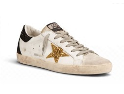 Golden Goose Super-Star In Nappa Leather With Gold Glitter Star And Black Glitter Heel tab