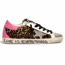 Golden Goose Superstar in Leopard Pint with Silver Glitter Star and Fuchsia Heel Tab