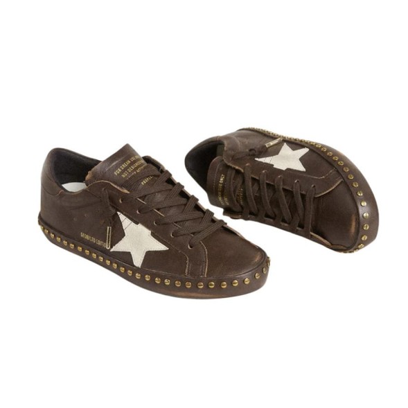 Женские кеды Golden Goose Superstar in Brown Leather with Cream Suede Star and Studs