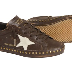 Golden Goose Superstar in Brown Leather with Cream Suede Star and Studs