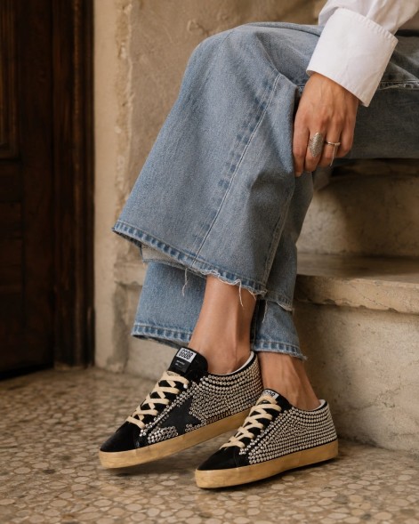 Женские кеды Golden Goose Superstar LTD with Swarovski Crystals and Black Leather Star